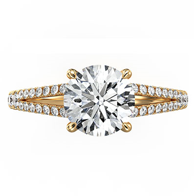 Split band hidden halo engagement ring setting for Rounds, with side diamonds