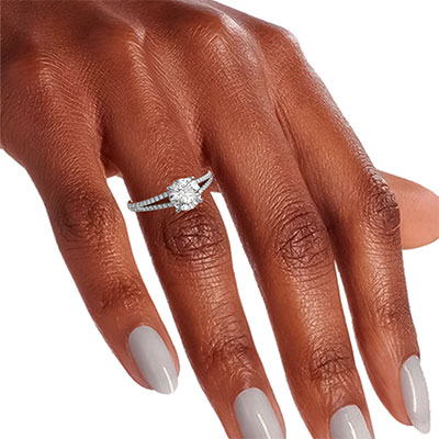 Split band hidden halo engagement ring setting for Rounds, with side diamonds