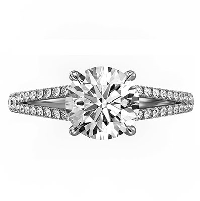 Split band hidden halo engagement ring setting for Rounds, with side diamonds