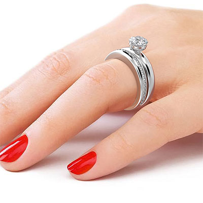 Bridal set extravagance solid engagement & wedding  rings,set with 0.30 carat G VS natural diamonds - 14K White Gold