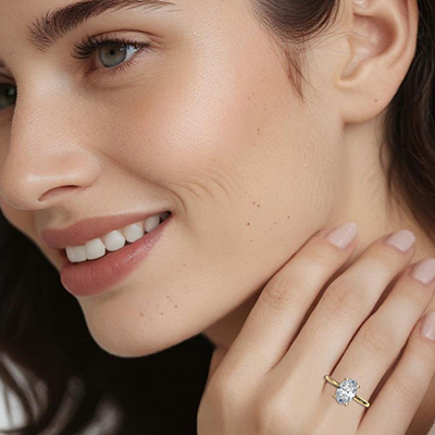 Oval Engagement ring hidden halo setting - 14K White Gold-Rhodium Dipped
