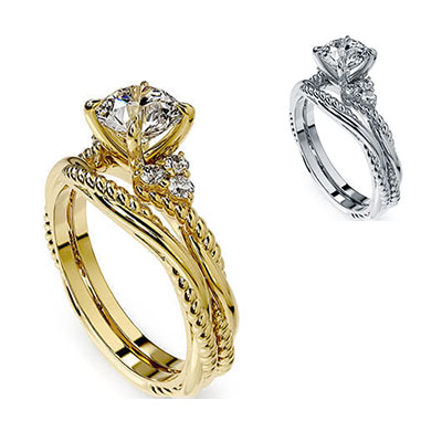 Conjunto nupcial de cuerda torcida con diamantes laterales
