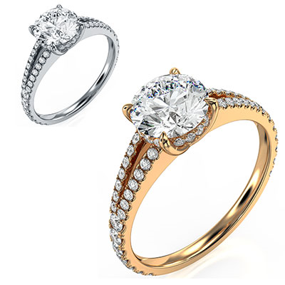 Split band hidden halo engagement ring setting for Rounds, with side diamonds
