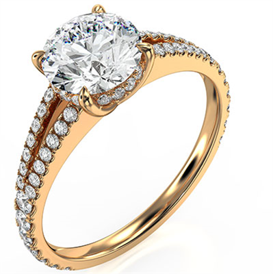 Split band hidden halo engagement ring setting for Rounds, with side diamonds
