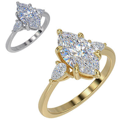 Foto Anillo de compromiso de tres piedras con diamantes en forma de pera laterales de 0,20 CTW de