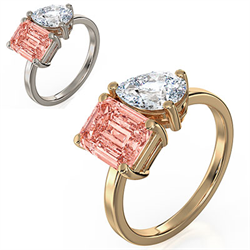 Picture of Toi Et Moi anniversary or engagement ring, pink lab  Emerald  diamond 1 carat is included. Choose a 1Ct Pear or any other shape!