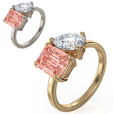 Toi Et Moi engagement ring, pink lab diamond Emerald  1 carat is included. Choose a 1Ct Pear or any other shape!