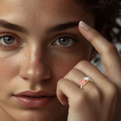 Toi Et Moi engagement ring, pink lab diamond Emerald  1 carat is included. Choose a 1Ct Pear or any other shape!