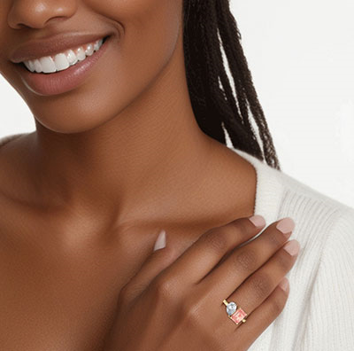 Toi Et Moi engagement ring, pink lab diamond Emerald  1 carat is included. Choose a 1Ct Pear or any other shape!