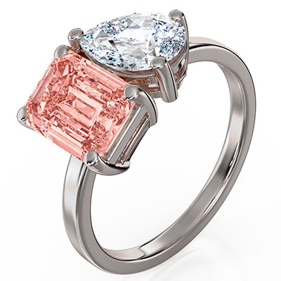 Toi Et Moi engagement ring, pink lab diamond Emerald  1 carat is included. Choose a 1Ct Pear or any other shape!