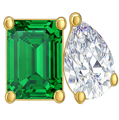 Toi Et Moi engagement ring setting includes 1 carat green lab emerald gem, choose 1ct pear or any other shape