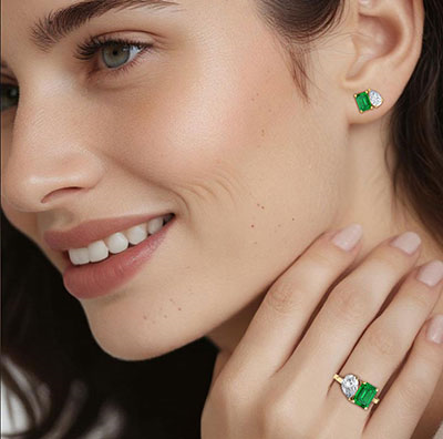 Toi Et Moi engagement ring setting includes 1 carat green lab emerald gem, choose 1ct pear or any other shape