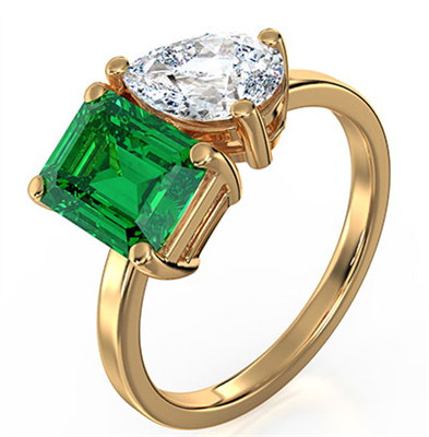 Toi Et Moi engagement ring setting includes 1 carat green lab emerald gem, choose 1ct pear or any other shape