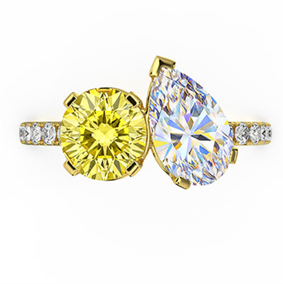 Toi Et Moi anniversary or engagement ring, Canary yellow round diamond is included. Choose a 1Ct Pear or any other shape!