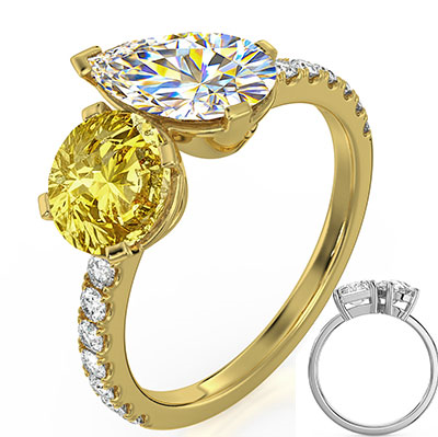 Toi Et Moi anniversary or engagement ring, Canary yellow round diamond is included. Choose a 1Ct Pear or any other shape!
