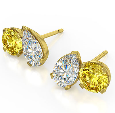 Toi Et Moi (You and Me) Ready earrings 4 carat total lab diamonds Canary yellow Ideal Cut rounds and Pears F VS1