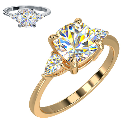Three stone engagement ring with Cushion center & 0.20CTW side Pear diamonds