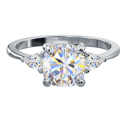 Three stone engagement ring with Cushion center & 0.20CTW side Pear diamonds