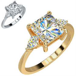 Foto Anillo de compromiso de tres piedras con centro Princess y diamantes laterales tipo pera de 0,20 CTW de