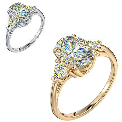 Three stone ring Oval center with 0.32 Carat total side Heart Lab diamonds F VVS2