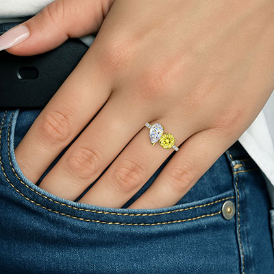 Toi Et Moi anniversary or engagement ring, Canary yellow round diamond is included. Choose a 1Ct Pear or any other shape!