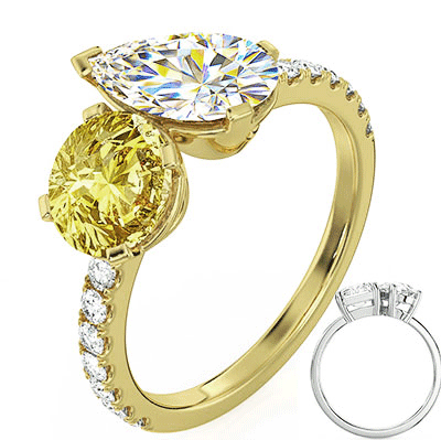 Toi Et Moi anniversary or engagement ring, Canary yellow round diamond is included. Choose a 1Ct Pear or any other shape!