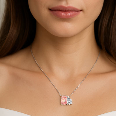 Toi Et Moi-You and Me-pedante de aniversario, diamante esmeralda de laboratorio canario Baby Pink está incluido en el precio, agregue un diamante de pera