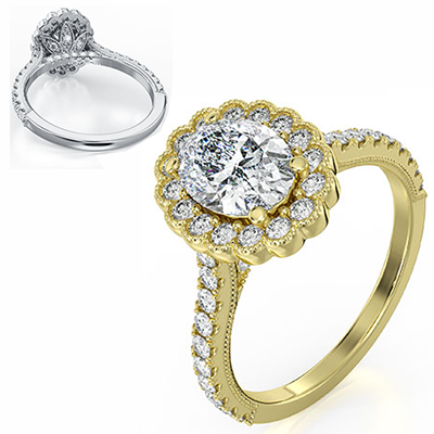 Vintage style Halo Oval diamonds engagement ring