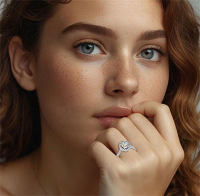 Vintage style Halo Oval diamonds engagement ring