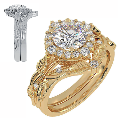 Rose Gold Leaf motif vintage bridal set with side diamonds