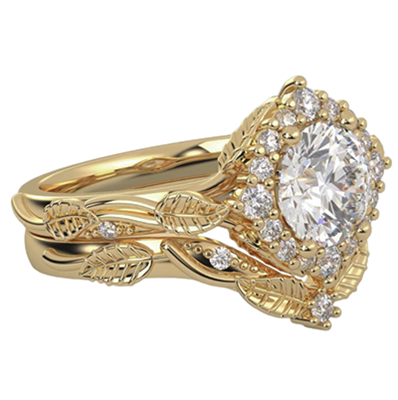 Rose Gold Leaf motif vintage bridal set with side diamonds