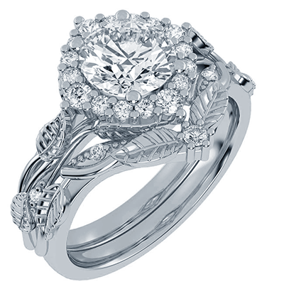 Rose Gold Leaf motif vintage bridal set with side diamonds