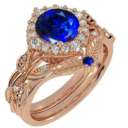 Foto Conjunto nupcial vintage con motivo de hoja de oro rosa y diamantes laterales de