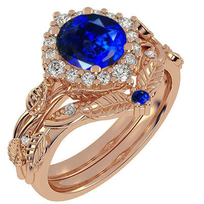 Rose Gold Leaf motif vintage bridal set with side diamonds