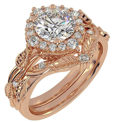 Rose Gold Leaf motif vintage bridal set with side diamonds