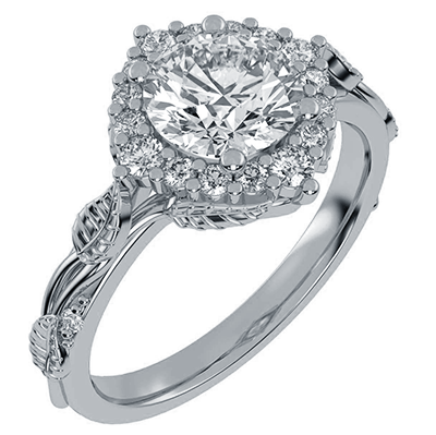 Leaf motif vintage engagement ring with side diamonds