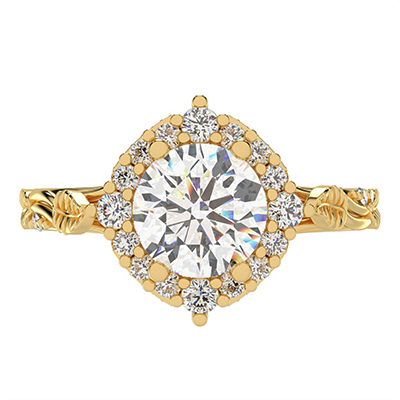 Leaf motif vintage engagement ring with side diamonds