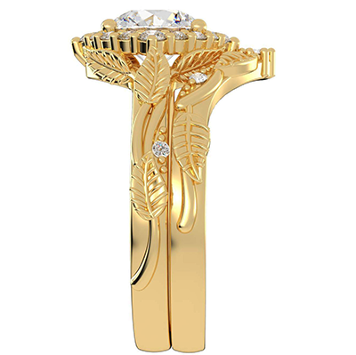 Leaf motif vintage bridal set with side diamonds