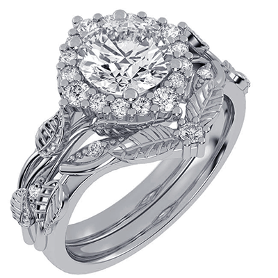 Leaf motif vintage bridal set with 0.90Ct side diamonds