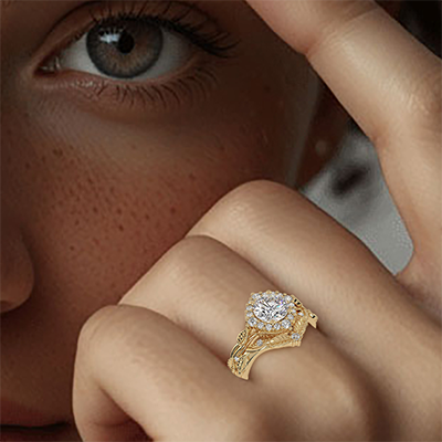 Leaf motif vintage bridal set with 0.90Ct side diamonds