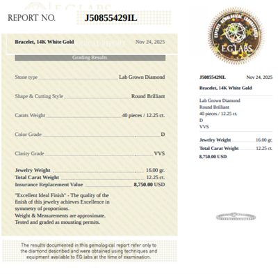 12.25 carat tennis bracelet Lab diamonds D VVS2 Ideal-cut