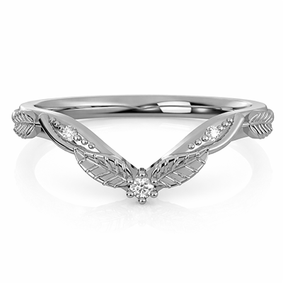 Leaf motif matching wedding ring set with diamonds