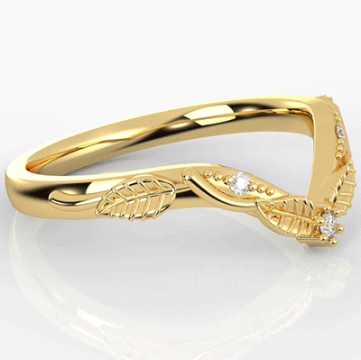 Leaf motif matching wedding ring set with diamonds