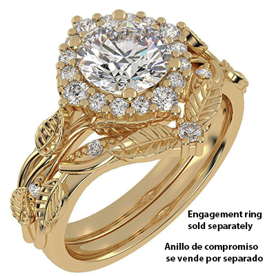 Leaf motif matching wedding ring set with diamonds