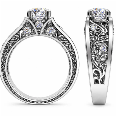 Designer’s vintage engagement ring. Nature motif. 0.09 cts sides